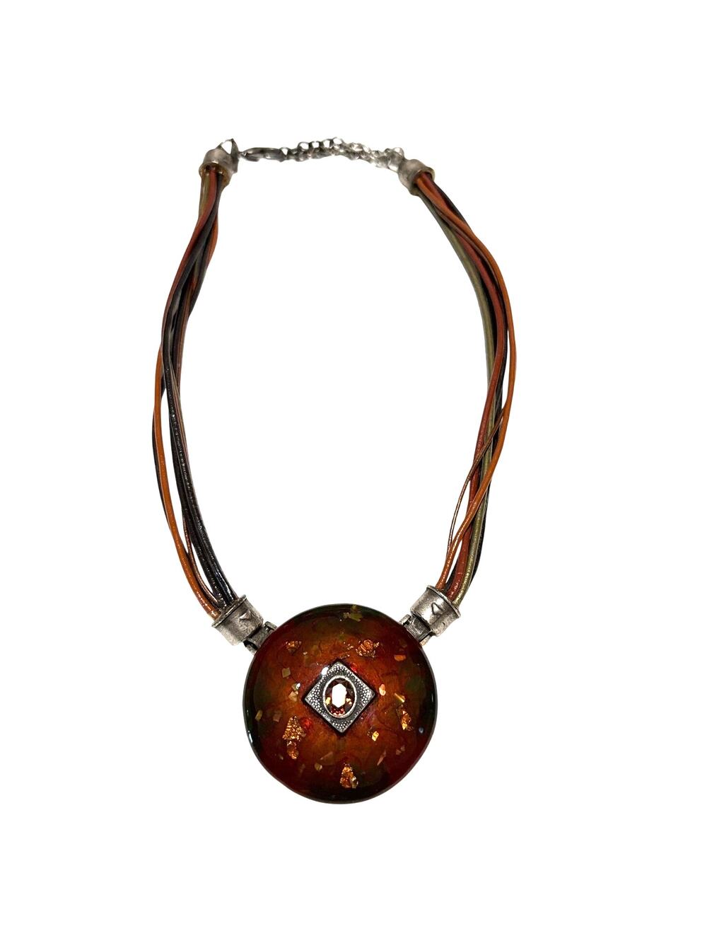 Chicos Medallion Statement Enamel Pendant Rhinestone Boho Tribal Earthtones
